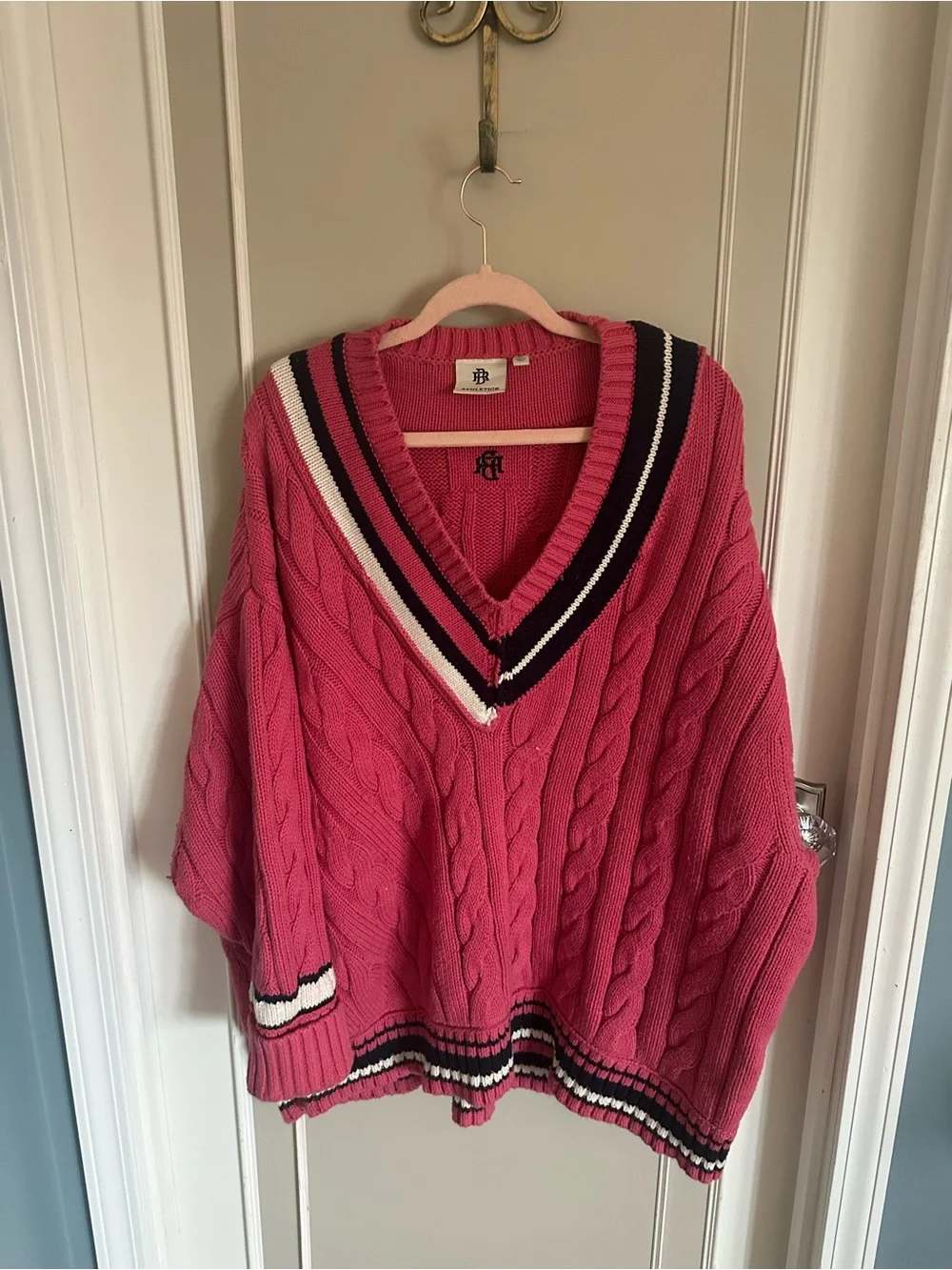 Banana Republic Pink Cable-Knit V-Neck Sweater with Navy & White Stripes